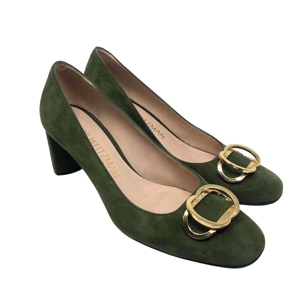 Stuart Weitzman Pumps Womens 9.5 Forest Green Suede Gold Buckle Block Heel